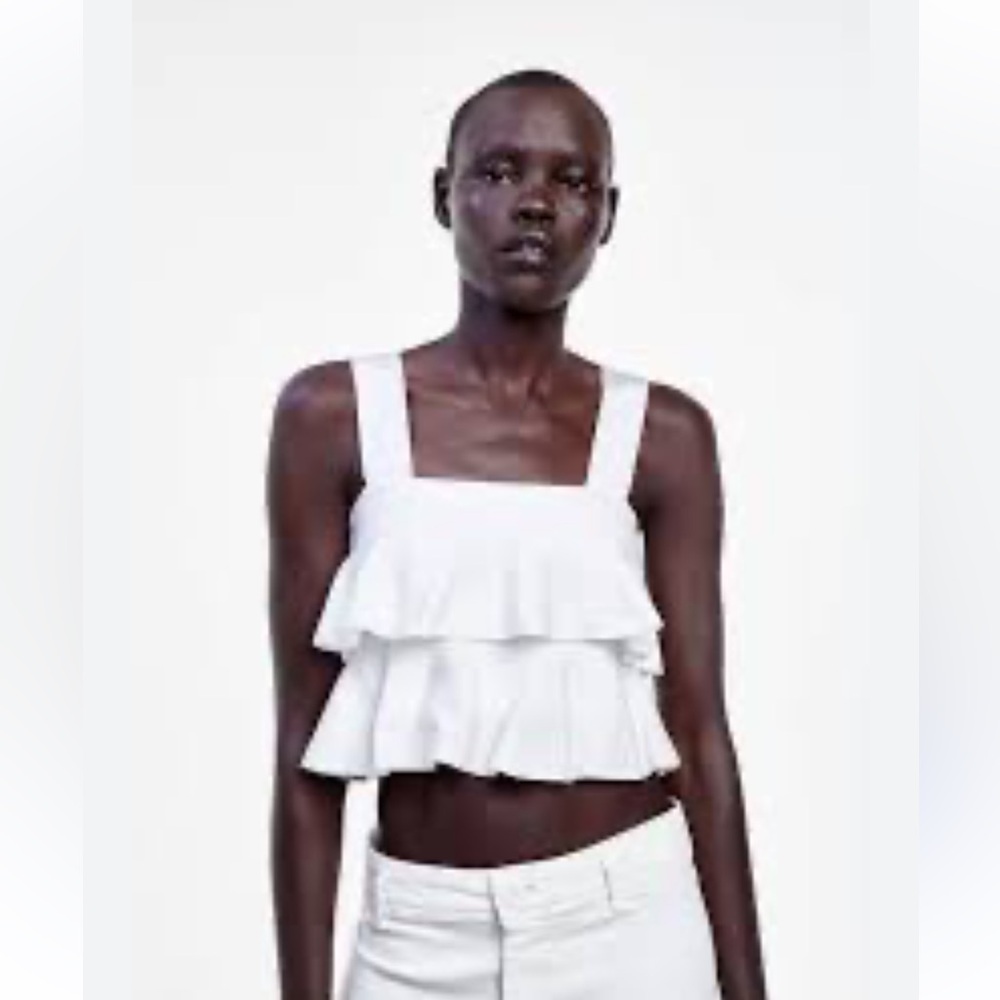 Zara White Tiered Knit Ruffle Crop Top